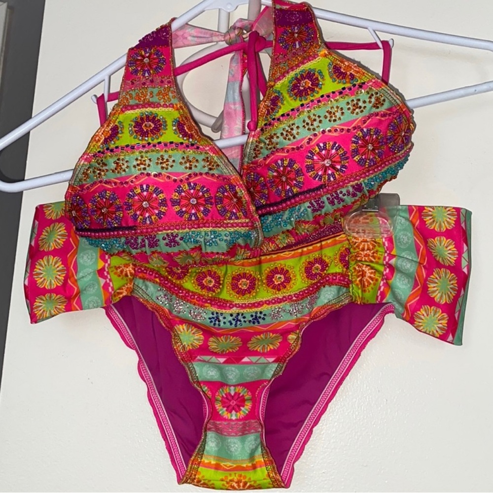 Hand beaded 2 pc bikini swimsuit. Sz S.